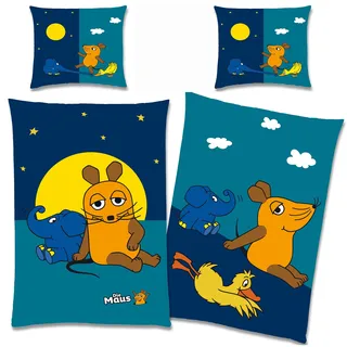 BERONAGE Die Sendung mit der Maus Kinder-Bettwäsche Nacht Blau 135 x 200 + 80 x 80 100% Baumwolle in Biber/Flanell-Qualität Sterne Ente Elefant Mond Wende-Bettwäsche mit Reißverschluss deutsche Größe