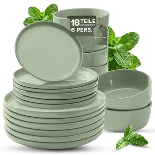 Feinsteinzeug Geschirr Set 6 Personen 18-tlg — massiver und kratzfester als Steingut Teller und Schüsseln in Mintgrün glanz | grünes Tafelgeschirr je 6 Speiseteller, Kuchenteller, Schalen - Magnetiks