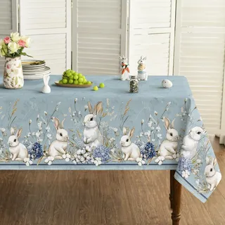 Artoid Mode Kapok Hortensien Kaninchen Hasen Ostern Tischdecke 140x110 cm, Saisonnal Frühling Fleckschutz Tischwäsche Küche Dekoration Party Dekor