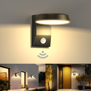 22W LED Wandleuchte mit Bewegungsmelder, Außenlampe Aussenleuchte Wasserdicht IP65 Außen Innen Wandlampe mit Schwenkbar LED Panel Schwarz Runde Außenwandleuchte für Garten Terrasse, Warmweiß 3000K