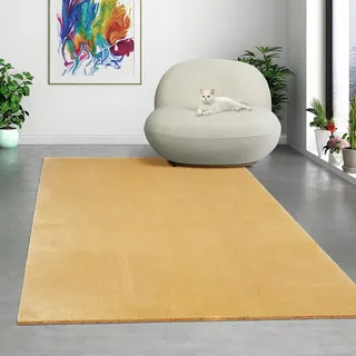 Mia's Teppiche Comfort Moderner Flauschiger Kurzflor Teppich, Anti-Rutsch Unterseite, Waschbar bis 30 Grad, Super Soft, Felloptik, Gold, 120 x 160 cm