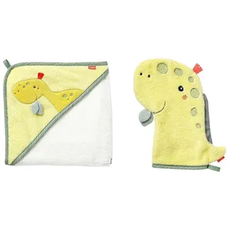 Fehn Badetuch Baby Dino - Badehandtuch Kinder Poncho aus Frottee & Waschlappen Dino - Waschhandschuh mit Motiv