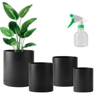 PETAFLOP Pflanzentöpfe aus Kunststoff, 4er-Pack 10/12,7/15/17,5cm Blumentopf mit Drainageloch & Untersetzer, kleine Gartenpflanzgefäße für drinnen und draußen, Schwarz (+Mini-Sprühflasche)