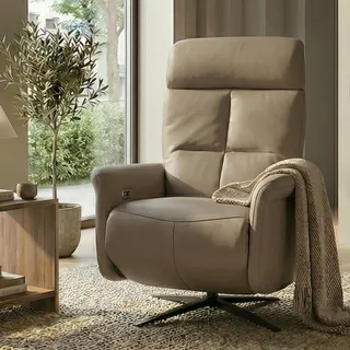 Relaxsessel HWC-L10, TV-Sessel Liegesessel, Liegefunktion drehbar, elektrisch verstellbar Voll-Leder taupe - Braun