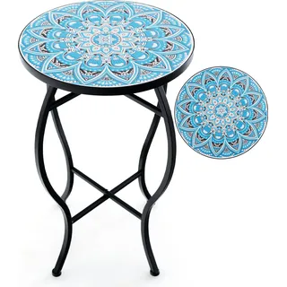 COSTWAY Beistelltisch ∅30x50cm, Mosaiktisch Rund, Gartentisch Bistrotisch, aus Metall, Keramik, Blau - Blau