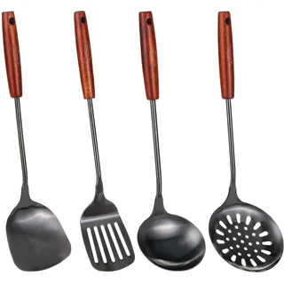 FJNATINH Wok Kelle,Wok Spatel,SchaumlöFfel und Schlitz Spatel, Wok Utensils Hohe Qualität Edelstahl KüChenhelfer Set,SpüLmaschinenfest,36,2-38,1 Cm