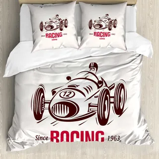 ABAKUHAUS Autos Bettbezug, Retro-Rennwagen-Emblem, Milbensicher Allergiker geeignet mit Kissenbezügen, 200 cm x 200 cm - 80 x 80 cm, Braun weiß - Braun