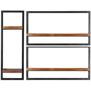 Mid.you Wandregalset , Naturfarben, Schwarz , Holz, Metall , 3-teilig , Mangoholz , massiv , 4 Fächer , 95x75x25 cm , Wohnzimmer, Regale, Wandregale