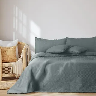 AmeliaHome Tagesdecke mit Pompons 220x240 cm Bettüberwürf zweiseitig Ultrasonic Steppung Polyester Meadore Grau