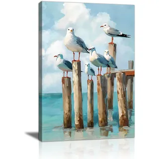 FajerminArt Möwe Landschaft Leinwand Bilder Mit Rahmen, Blau Seevögel in Ruhe Bild Auf Leinwand Natur Vögel Wandbilder Poster Zuhause Wanddeko für Badezimmer Büro Wohnzimmer Schlafzimmer 40x60cm