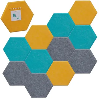 Relaxdays Filzpinnwand, 12 selbstklebende Sechsecke, 3 Farben, Filz, hbt: 26x30x0,9 cm, Filzwand inkl. Pinnnadeln, bunt