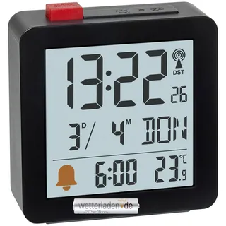 TFA Dostmann Funk Wecker digital, 60.2566.01, Reisewecker, batteriebetrieben, mit Zeitzonen, inkl Innenthermometer, zum Stellen, mit Datum & Wochentag, beleuchtet (Schwarz mit Batterie)
