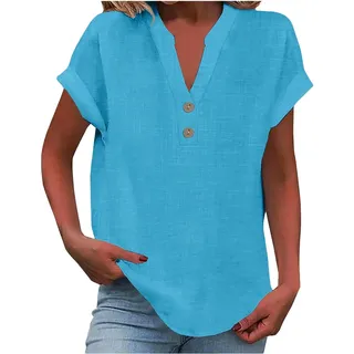 Musselin Bluse Damen Oversized Kurzarm V-Ausschnitt Tshirt mit Knöpfen Leinenbluse Sommer Oberteile Hemdbluse Baumwolle Leinen Shirt Große Größen Leichte Lose Blusen