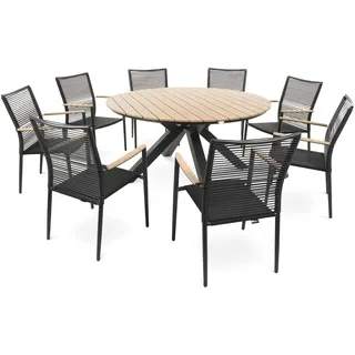 di volio Gartenmöbel ORVIETO, Gartenmöbel-Set für 8 Personen - runder Esstisch & 8 Stühle, Kunstholz & Aluminium, bequeme Stühle mit Armlehnen - Schwarz, Beige