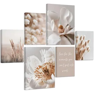6 Sets of Beige Blumen Schilf Leinwandbilder mit Rahmen Ästhetik Weiß Blumenmuster Pflanzen Bilder Moderne Wandbilder Schlafzimmer Bild Auf Leinwand Kunstdruck Deko für Wohnzimmer 20X30X4+30X40X2