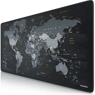 Titanwolf Gaming Mauspad XXL, 900 x 400 x 3 mm, Schreibtischunterlage, abwaschbar, rutschfeste Rückseite, Geschwindigkeit & Präzision, Globus - Schwarz