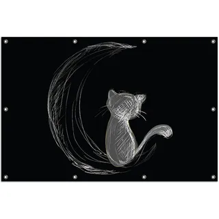 Wallario Outdoor-Poster für Garten oder Balkon, Motiv Katze sitzt auf dem Mond - illustriert in weiß auf schwarz, in ca. 100 x 150 cm - Gelb