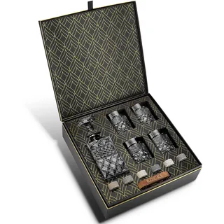 Whisky Geschenkset – 4 Whisky Gläser und Handgefertigte Whisky Steine aus Granit zum Kühlen – Whisky Karaffe aus Glas für Likör- Scotch- und Bourbon-Verkostungen – Geschenkbox mit Goldfolie von Rocks