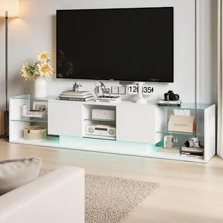 Fortuna Lai Moderner TV Schrank, Fernsehtisch mit 2 Schublade und 6 offenes Regal, 200cm lang, Hochglänzendes LED-TV-Lowboard für Wohnzimmer und Esszimmer (Weiß) - Weiß