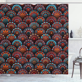 ABAKUHAUS Mandala Duschvorhang, Geometrische Blumenarten, Stoffliches Gewebe Badezimmerdekorationsset mit Haken, 175 x 200 cm, Scarlet Orange und Blau