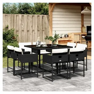 Rattan Essgruppe für 8 Personen mit Tisch und Glasplatte, 8 Stühlen, Gartenmöbel Set in Schwarz und Creme