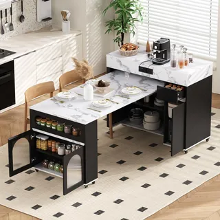 okwish Kücheninsel Ausziehbarer Esstisch - Erweiterbare Tischplatte Mit Rollen - Sideboard Klapptisch Mit Steckdosenleiste Für Küche Und Essbereich - MDF,Schwarz - Schwarz