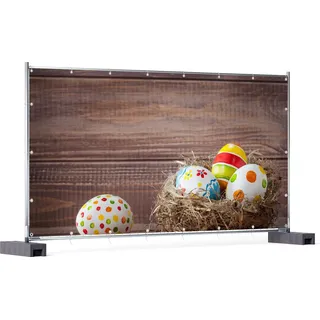 Wallario XXL Outdoor-Poster für Garten oder Balkon, Motiv Bunte bemalte Eier an Ostern im Vorgelnest vor hölzerner Wand, in ca. 340 x 173 cm - Schwarz