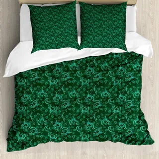 ABAKUHAUS Blumen Bettbezug Set, Abstrakte blühende Natur mit den Blumenblättern und Blätter-Grün tonte Illustration, 200 x 200 cm + 80 x 80 cm, Jadegrün Hellgrün - Türkis, Grün