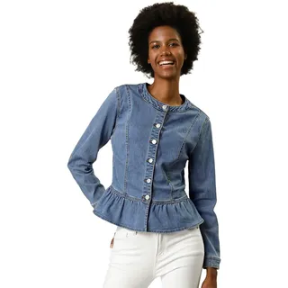 Allegra K Damen Jacke Langarm Stehkragen Volant Knopfleiste Peplum Crop Jeansjacke Hellblau M