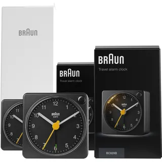 Braun Klassischer analoger Reisewecker mit Schlummerfunktion und Licht, kompakte Größe, ruhiges Quarzuhrwerk, Crescendo-Alarm, schwarzes Modell BC02XB (2 Pack).