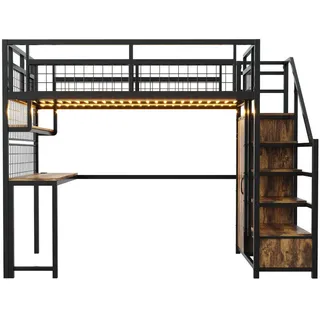 Flieks Hochbett 140x200cm Metall Schrank Schreibtisch LED Schwarz , 140x200 cm , Babymöbel & Kindermöbel, Kinderzimmer & Jugendzimmer, Kinderbetten, Hochbetten