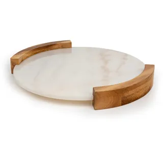 Bredemeijer großes rundes Serviertablett Ø 35 cm - Tablett aus Marmor mit 2 seitlichen Holzgriffen - ideal zum Servieren von Getränken und Snacks