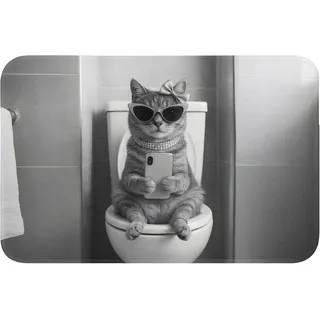 OnlyWow© Badteppich Badezimmerteppich Badematten & Badteppiche | 60x40 cm - Rechteckig - Duschvorleger Deko Badezimmer Bathroom Accessories Katze - Telefon - Toilette - Schwarz - Weiß