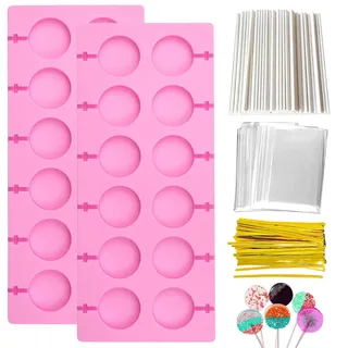 2 Stück Lollipop Form Silikon,Lutscherform Cake Pop Sticks Runde Eiswürfelschalen Silikon-Backform Antihaft Leicht Entformbar für Kuchen, SüßIgkeiten, Gelee und Schokolade