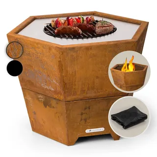 Blumfeldt Feuerschale mit Grillrost, Outdoor Stahl-Feuerschale Groß für Balkon & Camping, Mobile 60 cm, Feuerschalen mit Standfuß, Wetterfeste