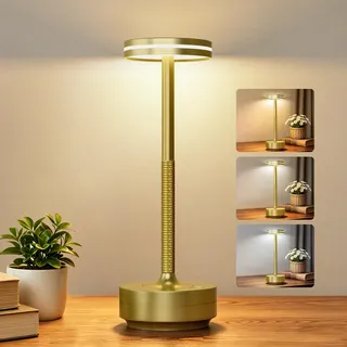 Görvitor 5000mAh LED Tischlampe Kabellos, Aluminium IP54 Wasserdicht Akku Tischleuchte mit 3 Farbtemperatur, Nachttischlampe Touch Dimmbar ohne Kabel mit Memory Funktion für Esstisch Nachttisch(Gold)