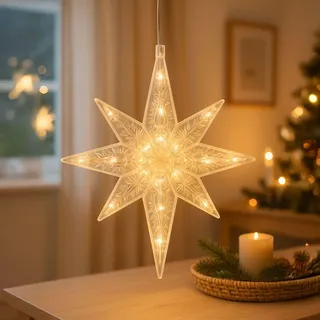 Ideen mit Herz LED-Stern Octa | indoor | 27,5 cm x 19,5 cm | 11 LED-Lämpchen | warmweiß | transparent | mit Timer-Funktion (6 Stunden AN | 18 Stunden AUS) | Fenster-Deko zu Weihnachten