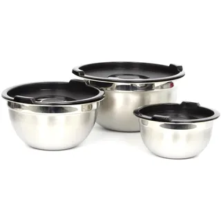 Birambeau , Set mit 3 Edelstahlschüsseln mit Deckel, stapelbare Servierschalen, silber und schwarz