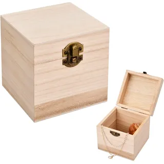 Holzkiste mit Deckel, Holzschachtel Holzbox Natur, Holz Schatulle mit Scharnieren und Verschluss, Kleine Holztruhen als Aufbewahrungsbox Schatzkiste, Schmuckkästchen für Malen Deko (10 x 10 x 10 cm)