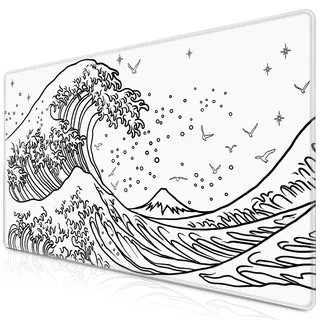 Abetcabe Gaming Mauspad XXL, Mousepad Weiß 900 x 400mm, Japanische Meereswelle Mauspad groß Vernähte Kanten WassXerdicht Anti-Rutsch für PC, Laptop Verbessert Präzision und Geschwindigkei