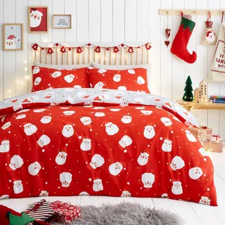Fusion Bettbezug mit Weihnachtsmann-Motiv – Einzelbettgröße (140 x 200 cm) – wendbar (2 Farben) 1 x Kissenbezug im Lieferumfang enthalten – pflegeleicht – rote Weihnachtsbettwäsche mit Weihnachtsmann