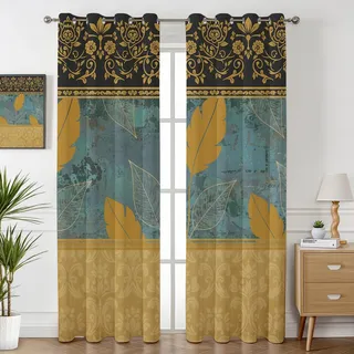 Havenix Barock Florale Ornamente Vorhänge Blickdicht Wohnzimmer Blätter Muster Vintage Türkis Gold Vorhang mit ösen Gardinen 160 cm Hoch 2er Set Verdunklungsvorhänge für Schlafzimmer Fenster