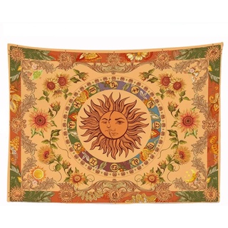 Ulticool - Sonne Mandala Blumen Mond Natur Retro - Wandteppich - 200x150 cm - Großer Wandteppich - Poster - Ocker Gelb Orange Grün