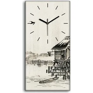 Wanduhr Bürouhr Leinwand Bild 30x60 Malerei Asiatische Hütten See Boot Kunst - schwarze Hände - Beige