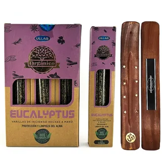 AROMASENSES | Komplette Box Bio-Ullas-Räucherstäbchen Eukalyptus + 1 Aromasenses Räucherstäbchenhalter | 12 Schachteln à 25 g = 300 g | Natürlich und Ökologisch | Yoga, Meditation und Entspannung
