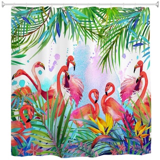 goodbath Langer Duschvorhang 200 cm Tropfen, Flamingos mit tropischen Blättern Blumen Wasserdicht Anti-Schimmel Stoff Duschvorhänge für Badezimmer, 180 x 200 cm Länge, Rosa Grün