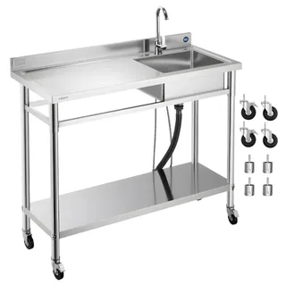 Vevor Spültisch Spülbecken Edelstahl (1200 x 500 x 1055 mm), Einzelbecken mit Wasserhahn & Rädern, Küchenspüle für Garage Restaurant Wäscherei, Waschtisch Außenspüle mit Arbeitsplatte (links)