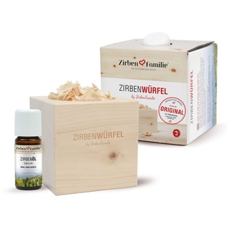 Zirben Familie I bekannt aus dem Fachhandel & der Hotellerie • Original Zirben Würfel Set I Natürlicher Aroma Diffuser I Set mit Zirben Spänen & Zirben Öl I Einzigartiger Zirbenduft, 8x8 cm I Raumduft