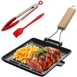 WIYETY Grillpfanne Induktion: Steakpfanne Gusseisen mit Abnehmbarer Griff, 20 x 20 cm Antihaft Beschichtet Gusseisen Grill Pfanne für Alle Herd Arten, Leicht zu Reinigen