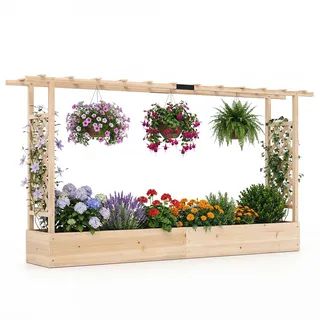 FANTASK 2-in-1 Hochbeet mit Spalier, Blumenkasten mit Rankhilfe & hängendem Dach, Pflanzkübel für Kletterpflanzen, hängende Körbe, Pflanzkasten für Garten, Hof Terrasse (Natur, 220x35x114 cm)